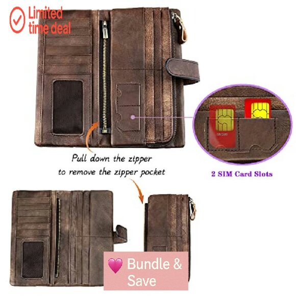 RFID Blocking Genuine Leather Wallet with 18 Card Slots & Zipper Pockets - Picture 4 of 8